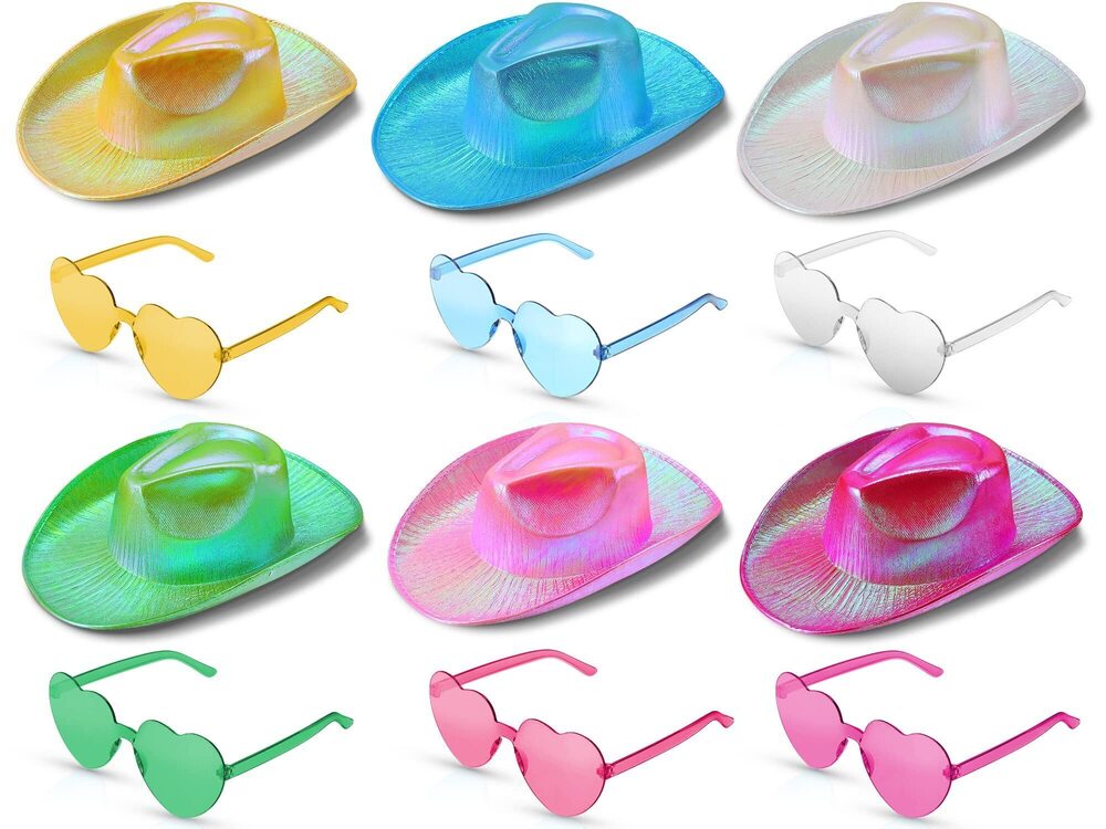 3179 Holographic Cowgirl Space Rave Hat with Rimless Heart Shape Sunglasses